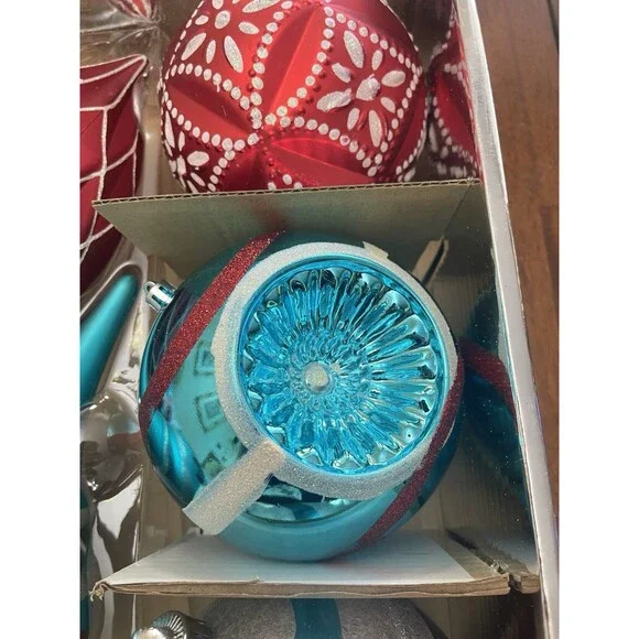 Martha Stewart Living Jumbo 8pc Ornament Set Blue Red Silver Glitter Christmas - Picture 8 of 14